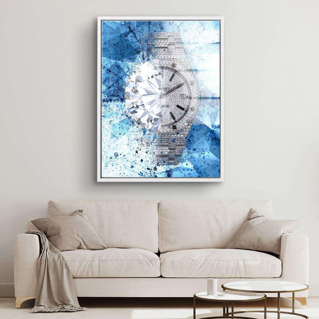 Modernes Wandbild mit funkelnder Diamant-Uhr auf blauem Hintergrund über Sofa