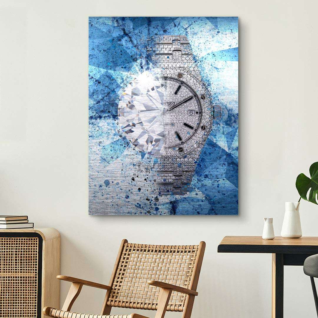 Modernes Wandbild mit glitzernder Uhr und großem Diamant auf blauem Hintergrund, Wohnzimmer