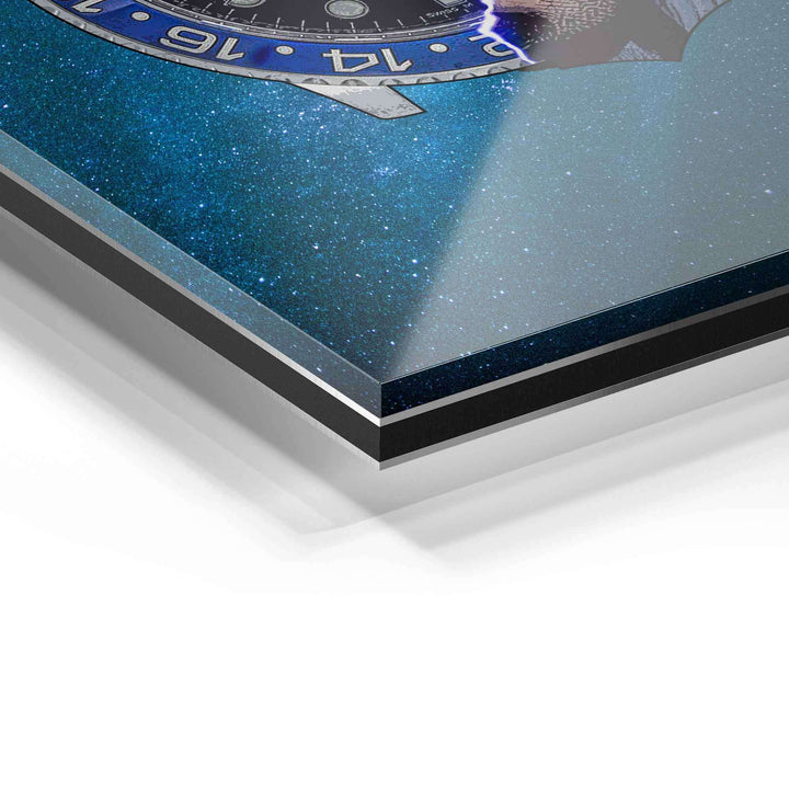 Detailansicht eines Acrylglas Wandbilds mit Uhr und Sternennebel in Blau