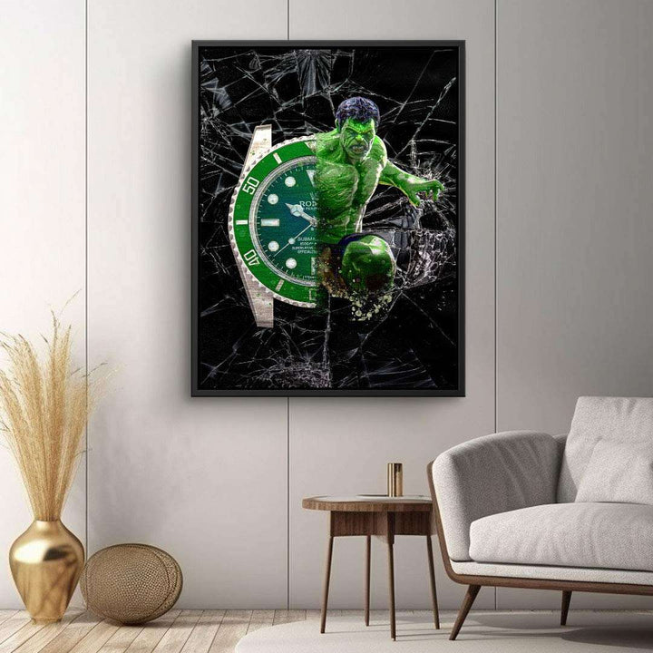 Modernes Wandbild mit grünem Superheld und Uhr, Pop Art Stil auf schwarzem Hintergrund