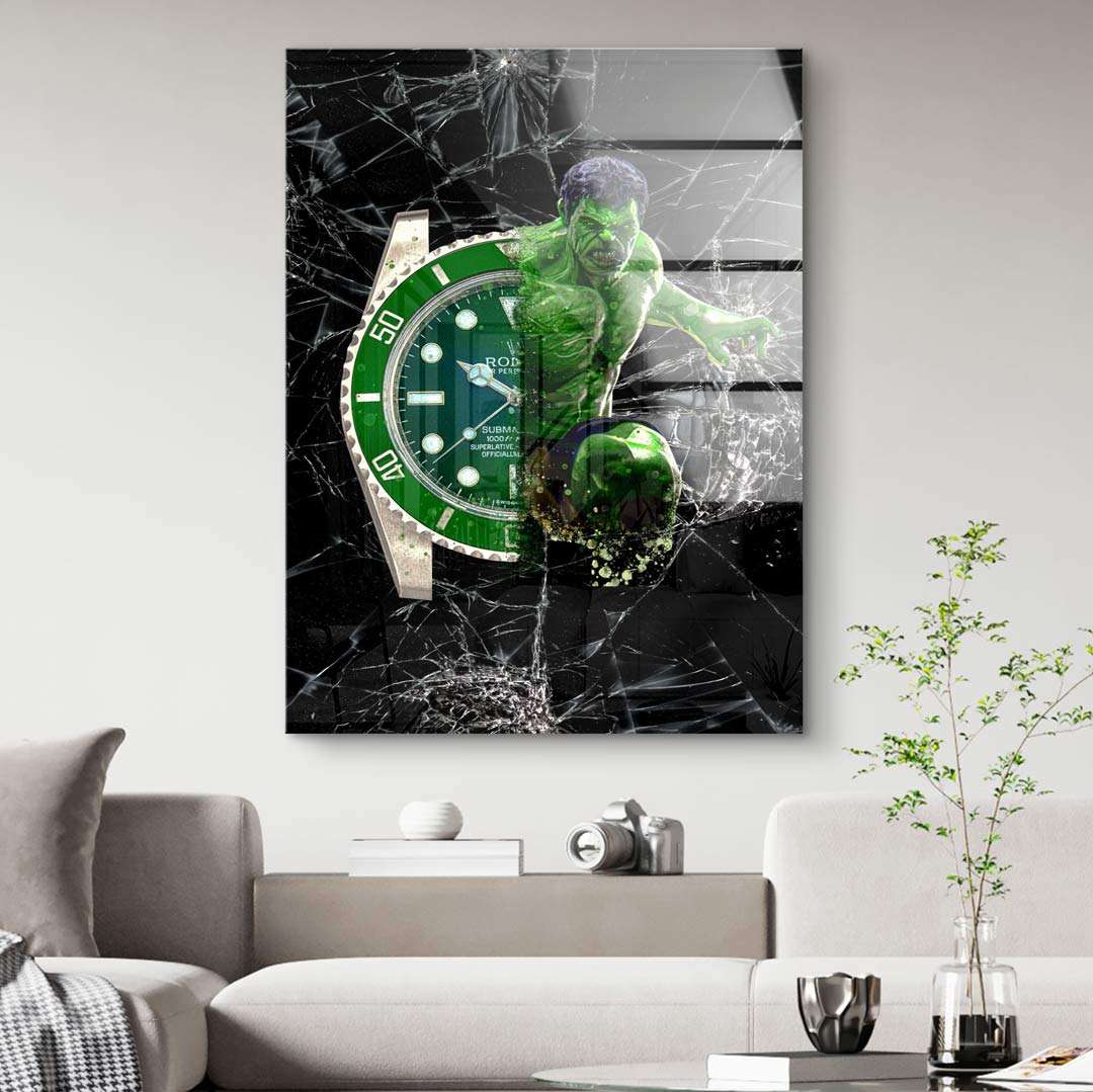 Modernes Wandbild mit grünem Superheld und zerbrochener Uhr im Wohnzimmer auf Leinwand