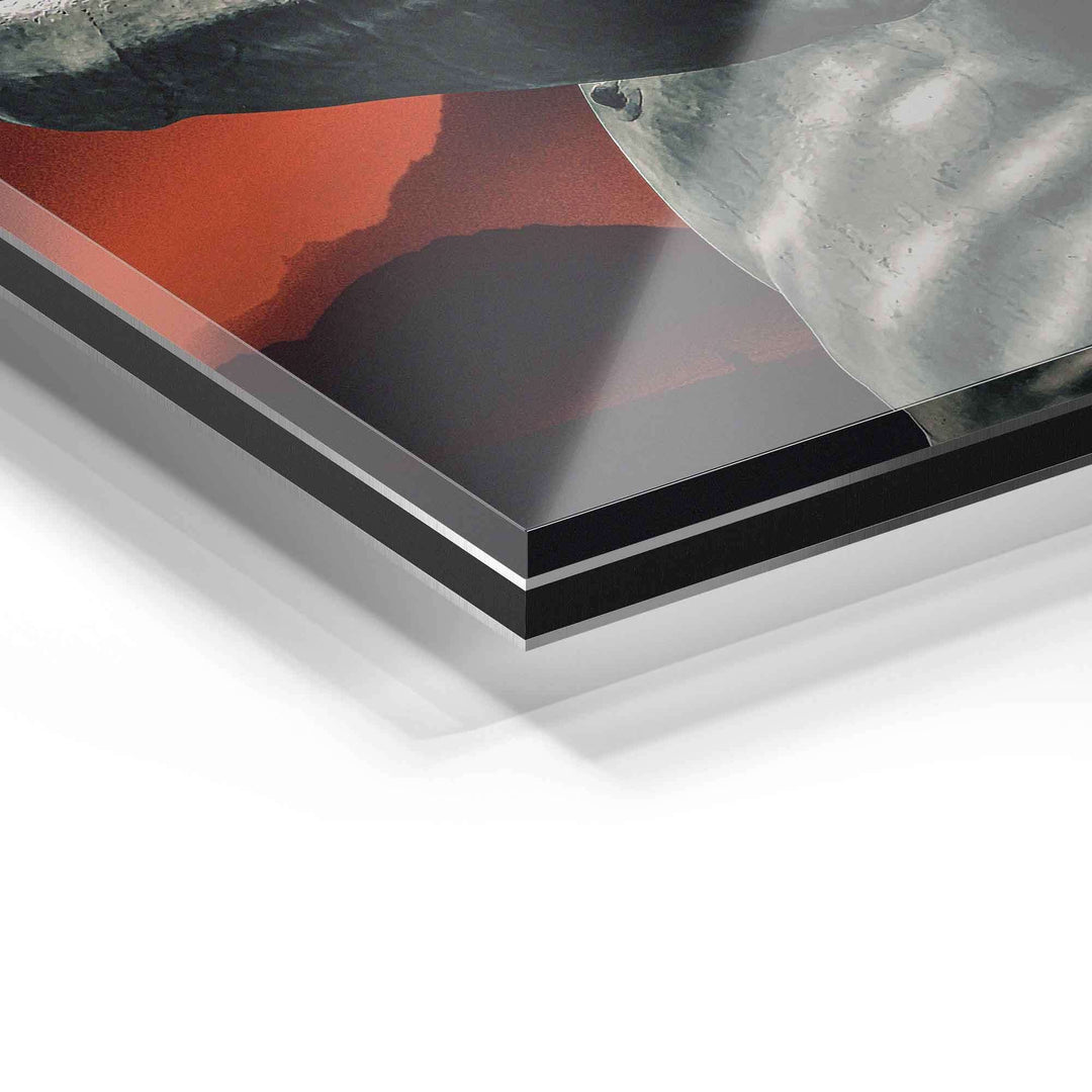 Detailansicht Acrylglas Wandbild mit modernem Kunstdruck, glänzende Oberfläche, Farbakzent rot.