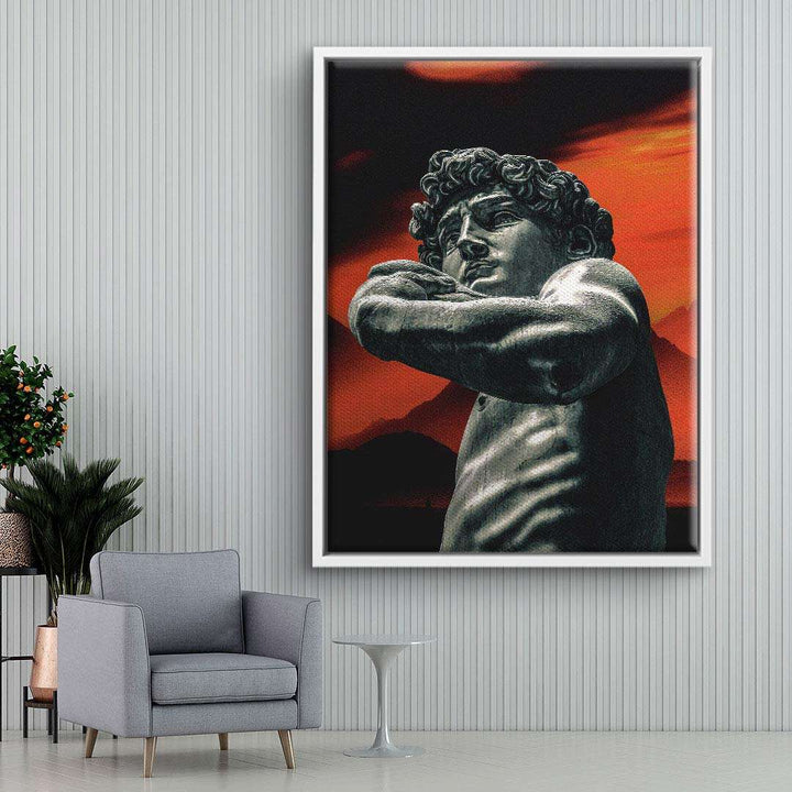 Wandbild mit klassischer Statue vor rotem Sonnenuntergang, modernes Wohnzimmer, Kunstbild