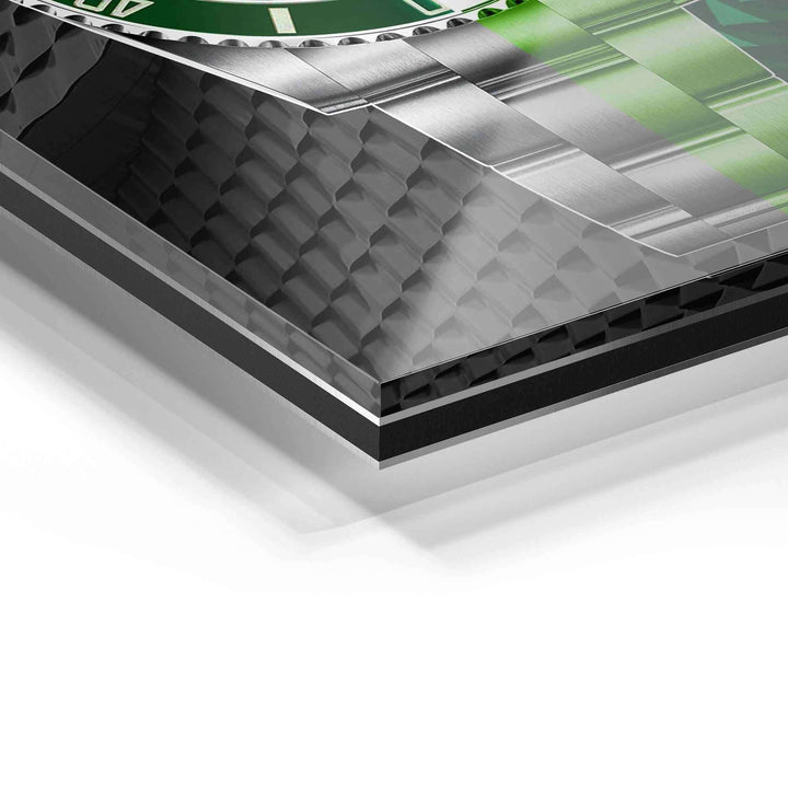 Detailaufnahme Wandbild auf Acrylglas mit grün-silbernem Motiv und glänzender Oberfläche