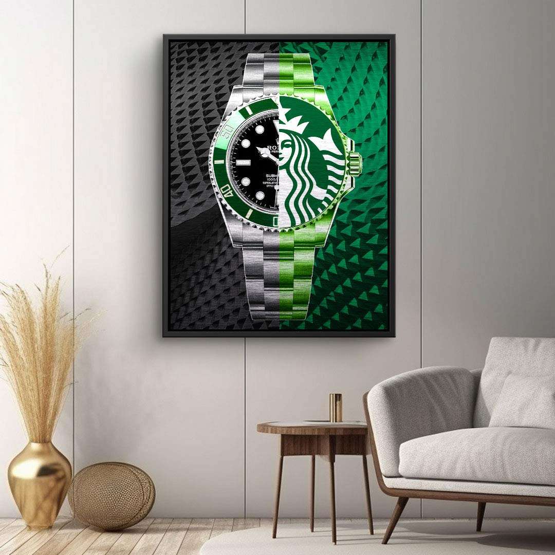 Modernes Wandbild mit abstraktem Uhrendesign in Grün und Schwarz, geometrischer Hintergrund