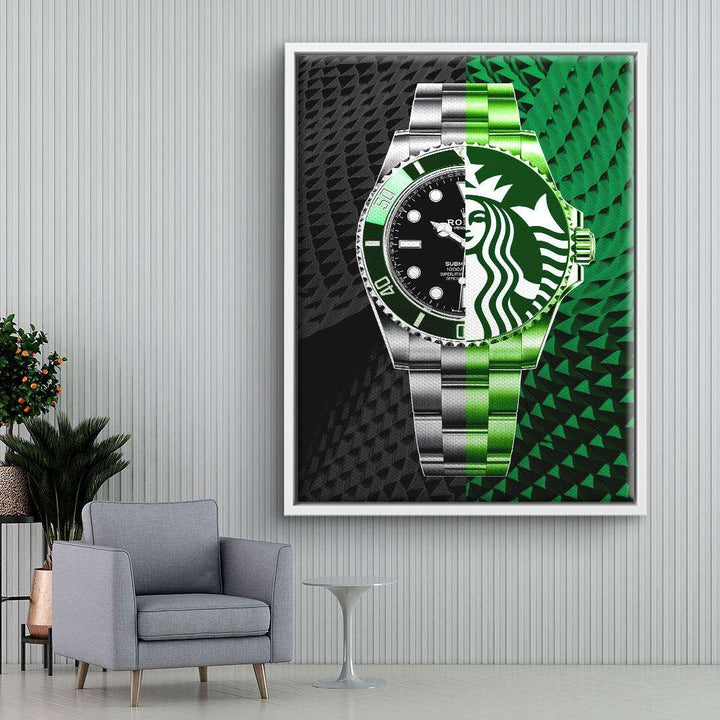 Modernes Wandbild mit geteiltem Design: Luxus-Uhr trifft grünes Logo, abstrakter Hintergrund.
