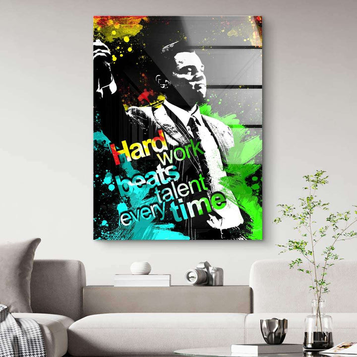 Modernes Wandbild mit motivierendem Spruch, Mann im Anzug, bunte Farbspritzer, Wohnzimmer Dekor