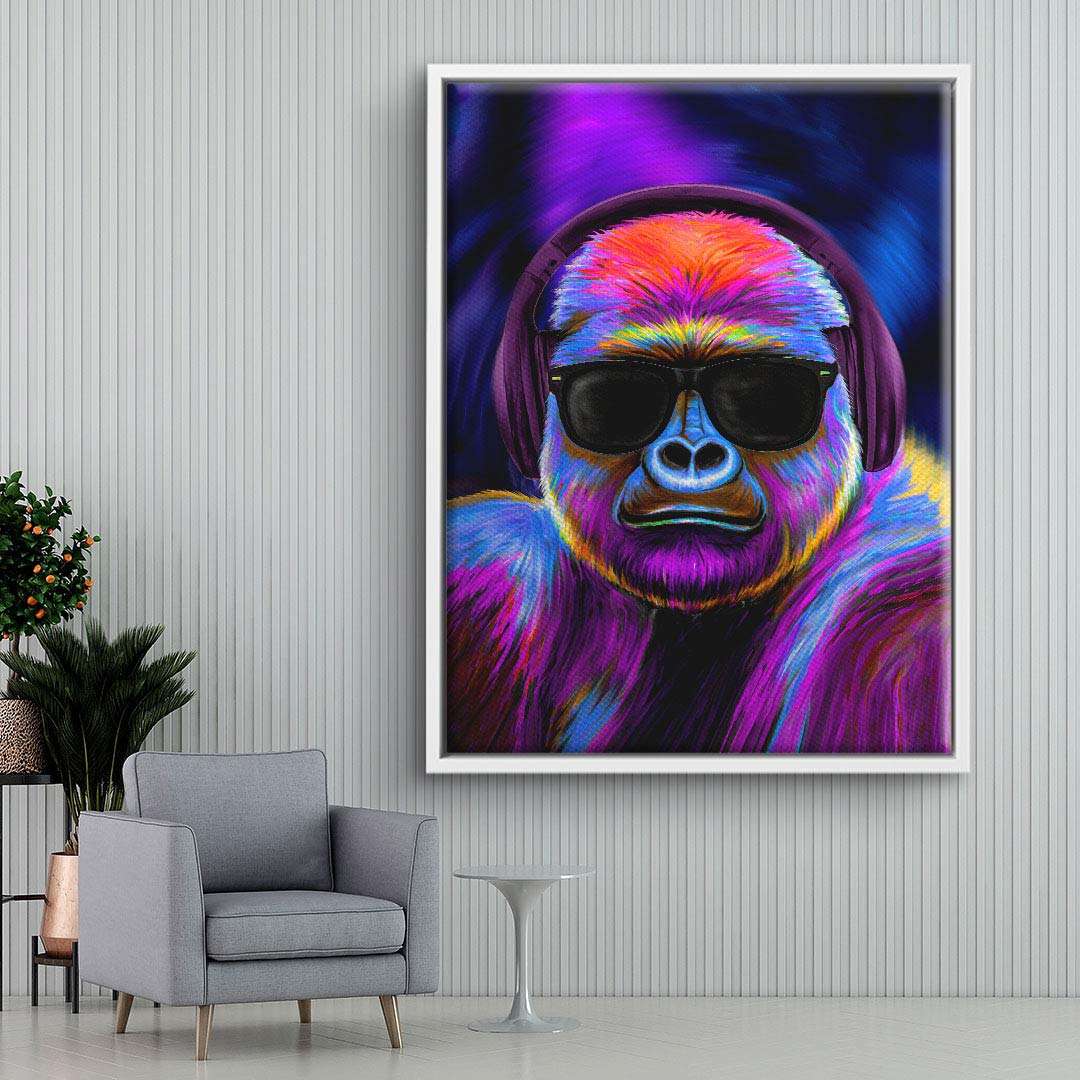 Modernes Wandbild mit bunter Gorilla-Kunst, Kopfhörer und Sonnenbrille, Wohnzimmer Deko