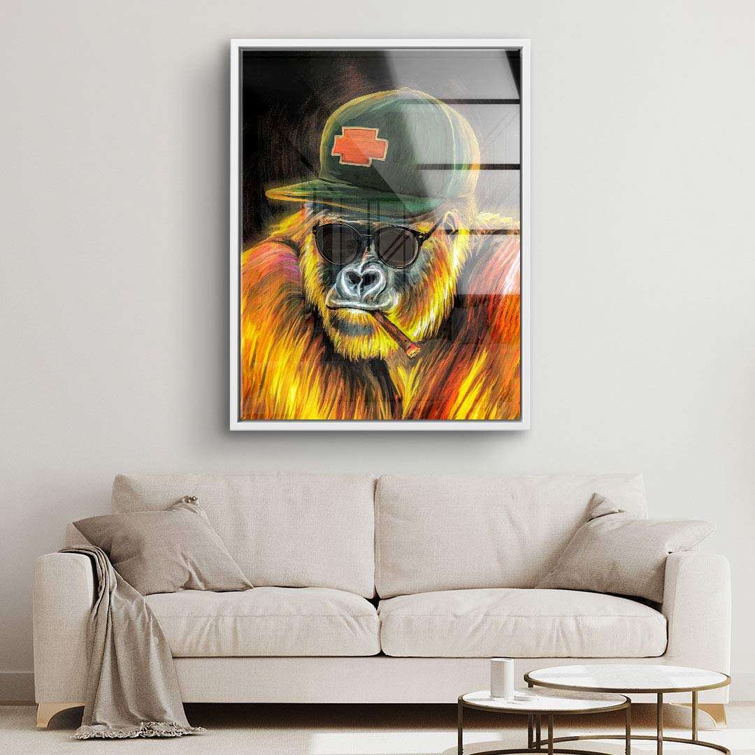 Modernes Wandbild mit Gorilla in Sonnenbrille und Kappe, Pop Art Leinwand im Wohnzimmer