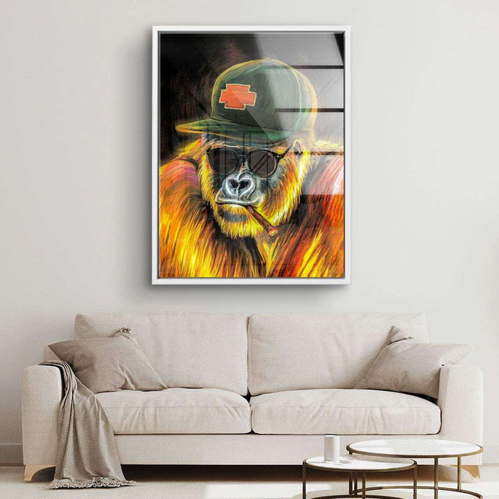 Modernes Wandbild mit Gorilla in Sonnenbrille und Kappe, Pop Art Leinwand im Wohnzimmer