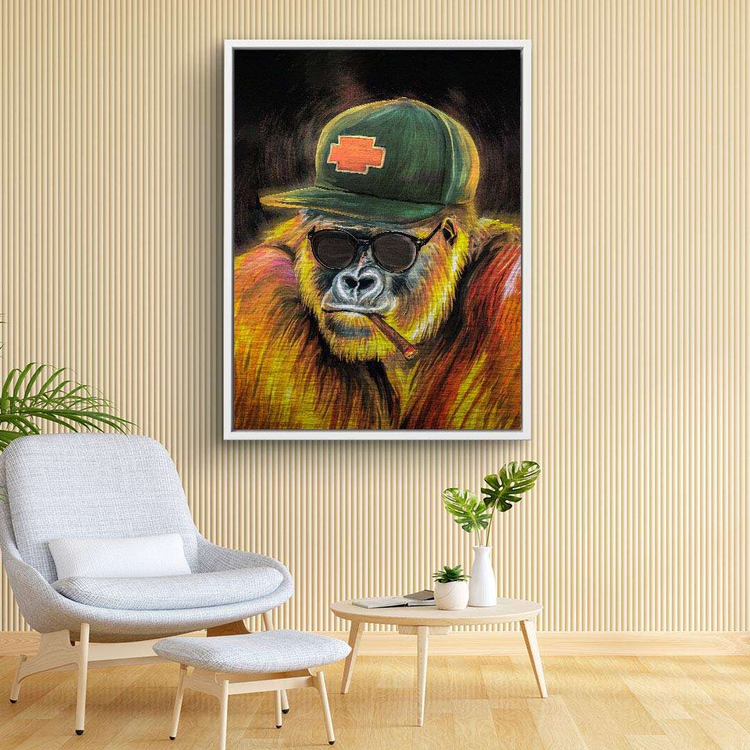 Modernes Wandbild mit Gorilla mit Sonnenbrille, Cap und Zigarre im Wohnzimmer, Pop Art Stil