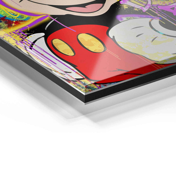Detailaufnahme Wandbild auf Acrylglas mit bunter Comicfigur und Pop Art Elementen