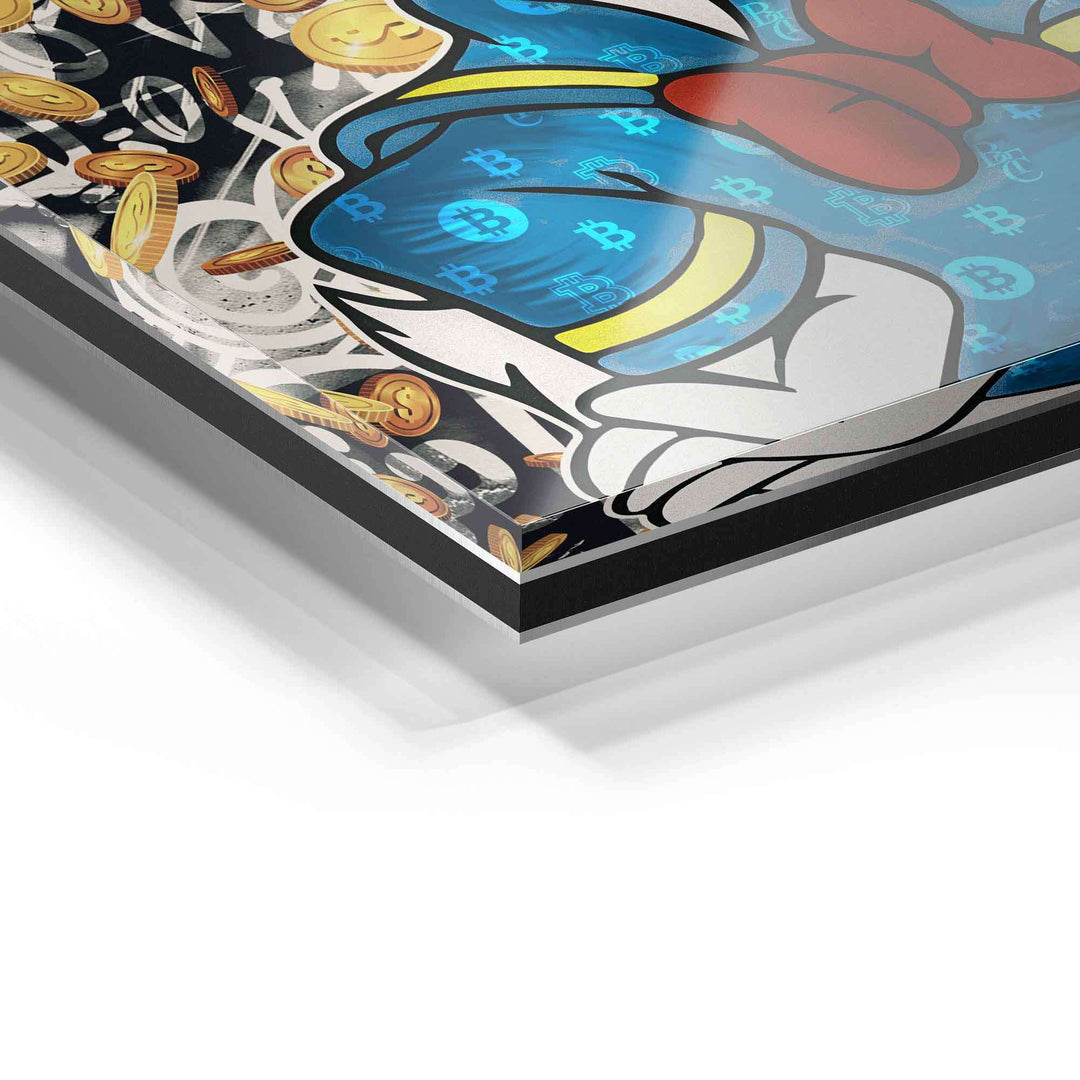 Detailaufnahme Acrylglas-Wandbild, Comic-Motiv mit Geldmünzen und blauen Bitcoin-Symbolen