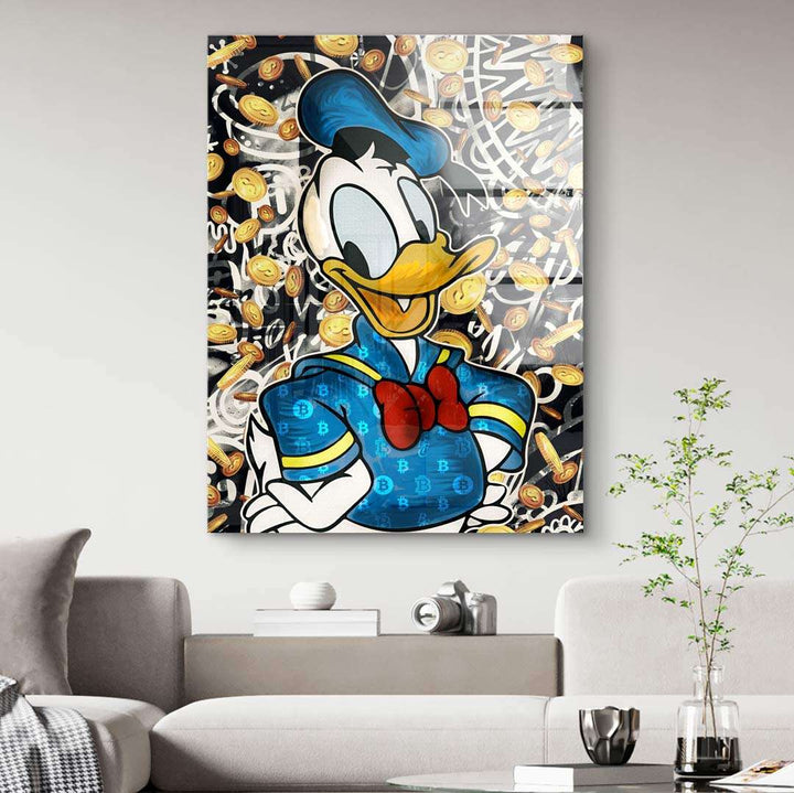 Modernes Wandbild mit Ente im Comicstil, blaue Kleidung, bunte Münzen, Wohnzimmerdeko