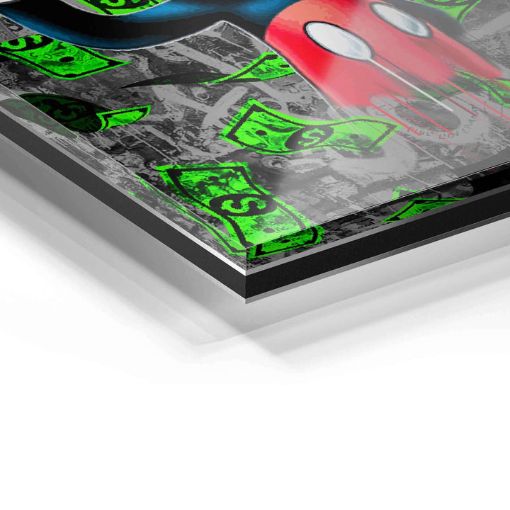 Detailansicht Acrylglas-Wandbild mit Pop Art Comic-Motiv und grünen Geldscheinen