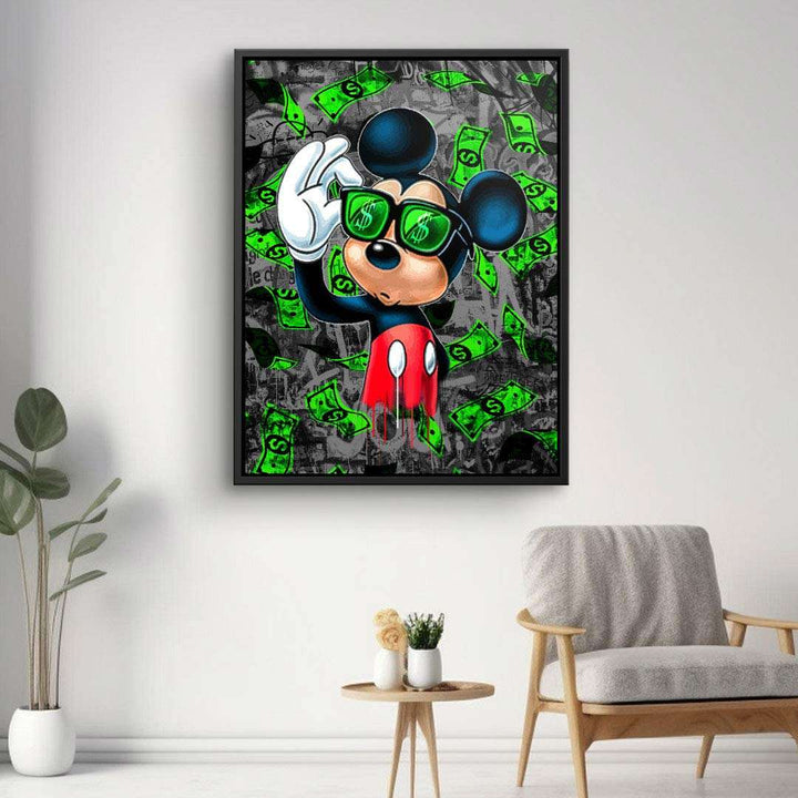 Pop Art Wandbild mit Cartoon-Figur, grüner Dollar-Brille und Geldscheinen, modern dekoriert