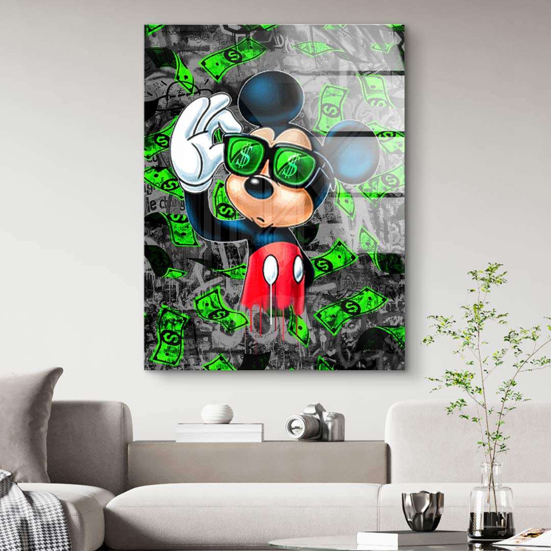Modernes Pop Art Wandbild mit Comic-Mouse, grünen Geldscheinen und Graffiti-Stil im Wohnzimmer