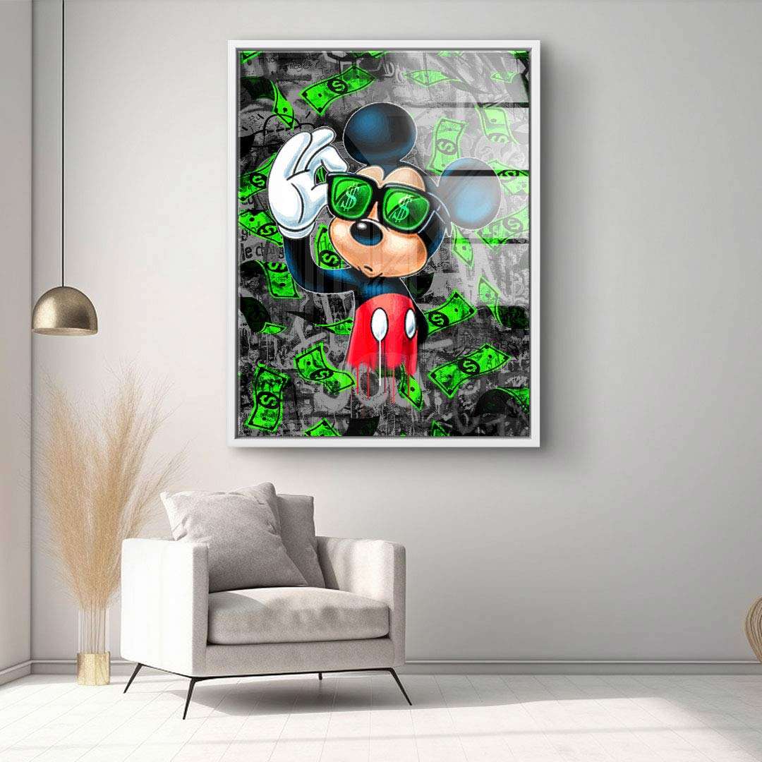 Modernes Pop Art Wandbild mit Comic-Figur, grünen Dollarnoten und Graffiti-Elementen im Wohnzimmer