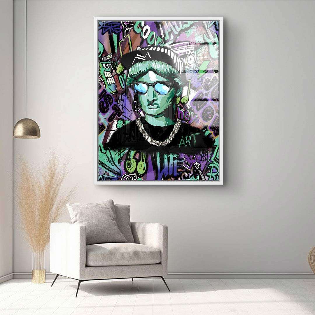 Modernes Pop Art Wandbild mit bunter, urbaner Graffiti-Figur im stylischen Wohnzimmer