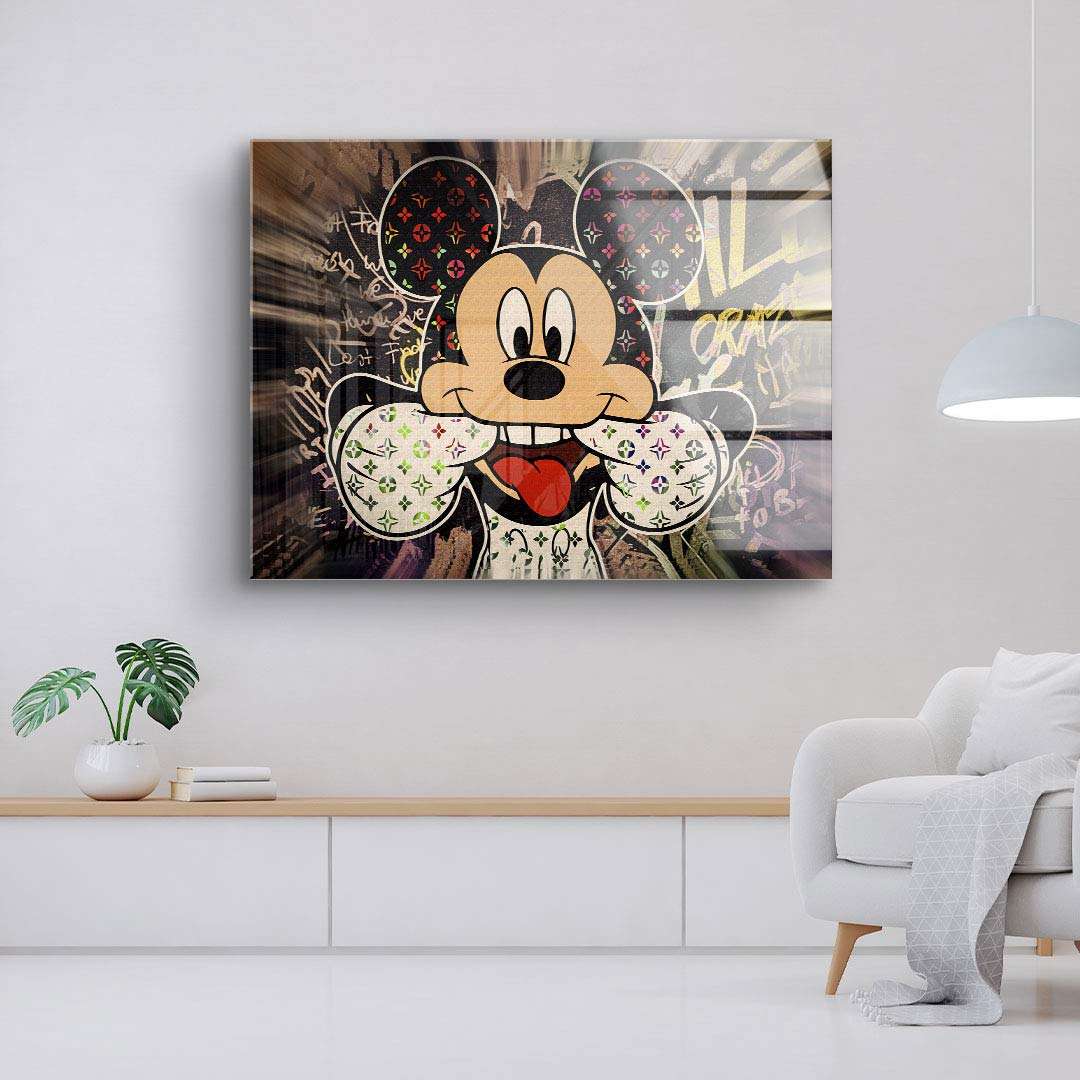 Modernes Wandbild mit Comic-Maus im Pop Art Stil, bunte Muster, Wohnzimmer Dekoration