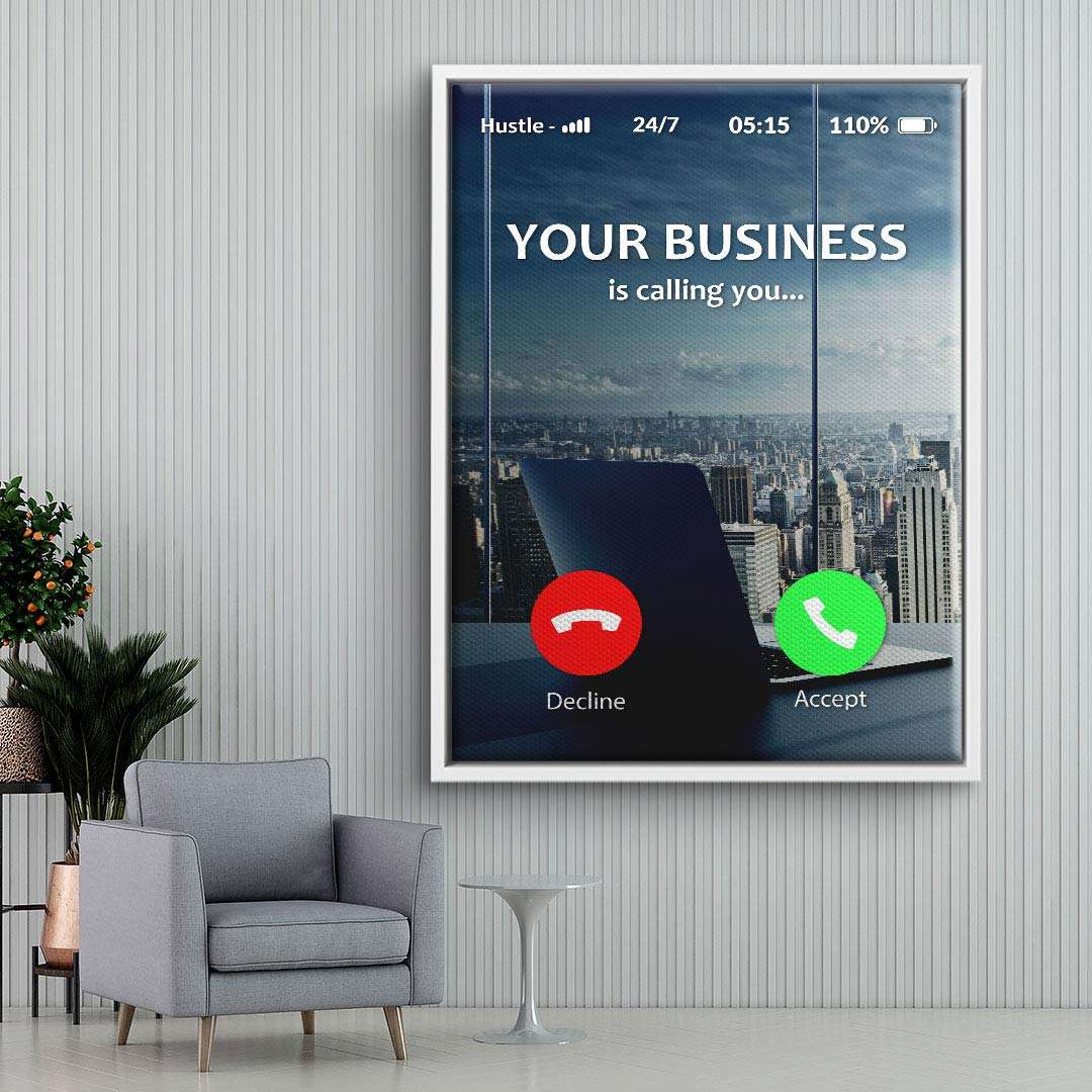 Modernes Wandbild im Büro-Stil mit Skyline und Laptop, Motivationskunst für Arbeitszimmer