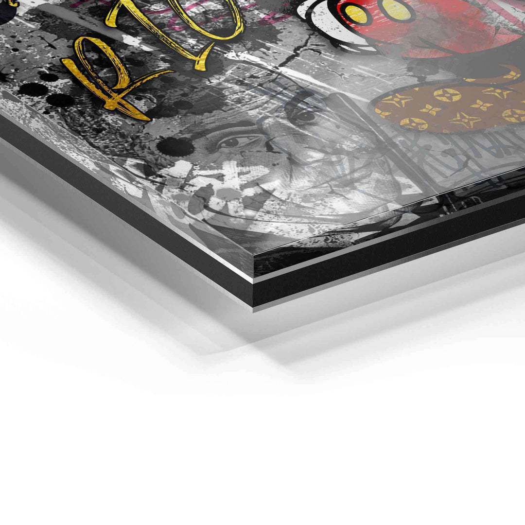 Detailansicht Acrylglas Wandbild mit Graffiti-Motiv, Comic-Elementen und Pop Art Stil
