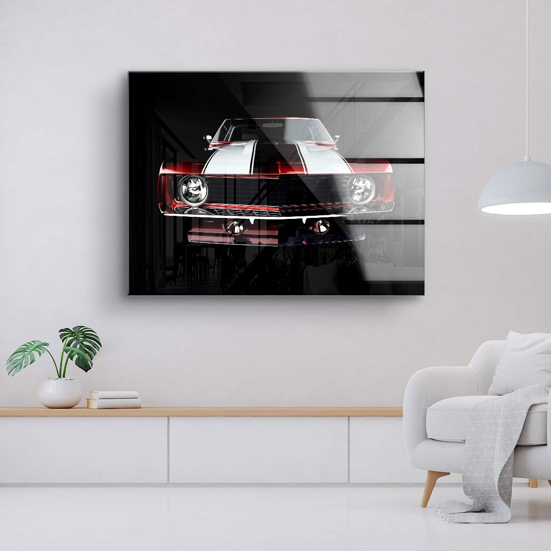 Wandbild Leinwand mit rotem Oldtimer Auto in modernem Wohnzimmer, Kunst für Autoliebhaber