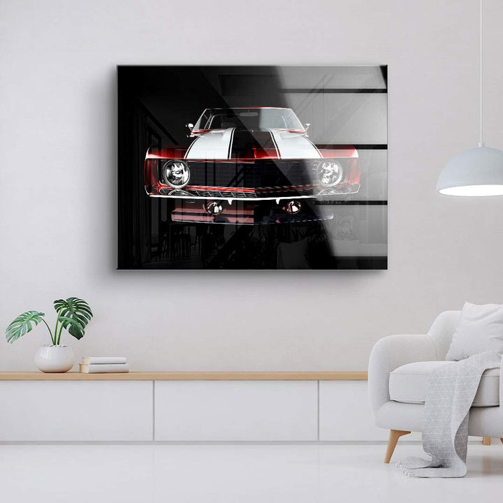 Wandbild Leinwand mit rotem Oldtimer Auto in modernem Wohnzimmer, Kunst für Autoliebhaber