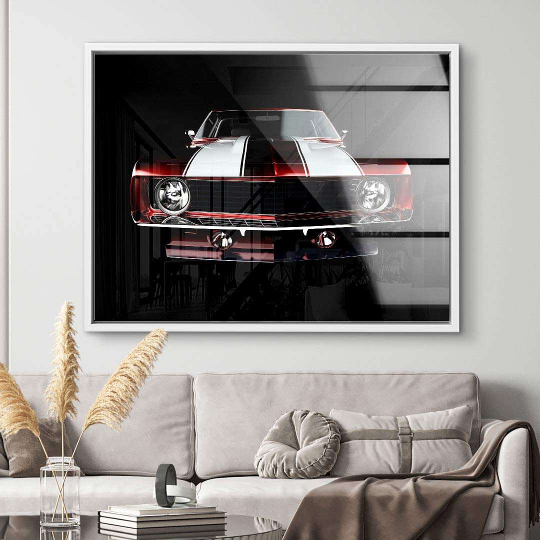 Modernes Wandbild mit rotem Oldtimer auf Leinwand über Sofa im Wohnzimmer dekoriert