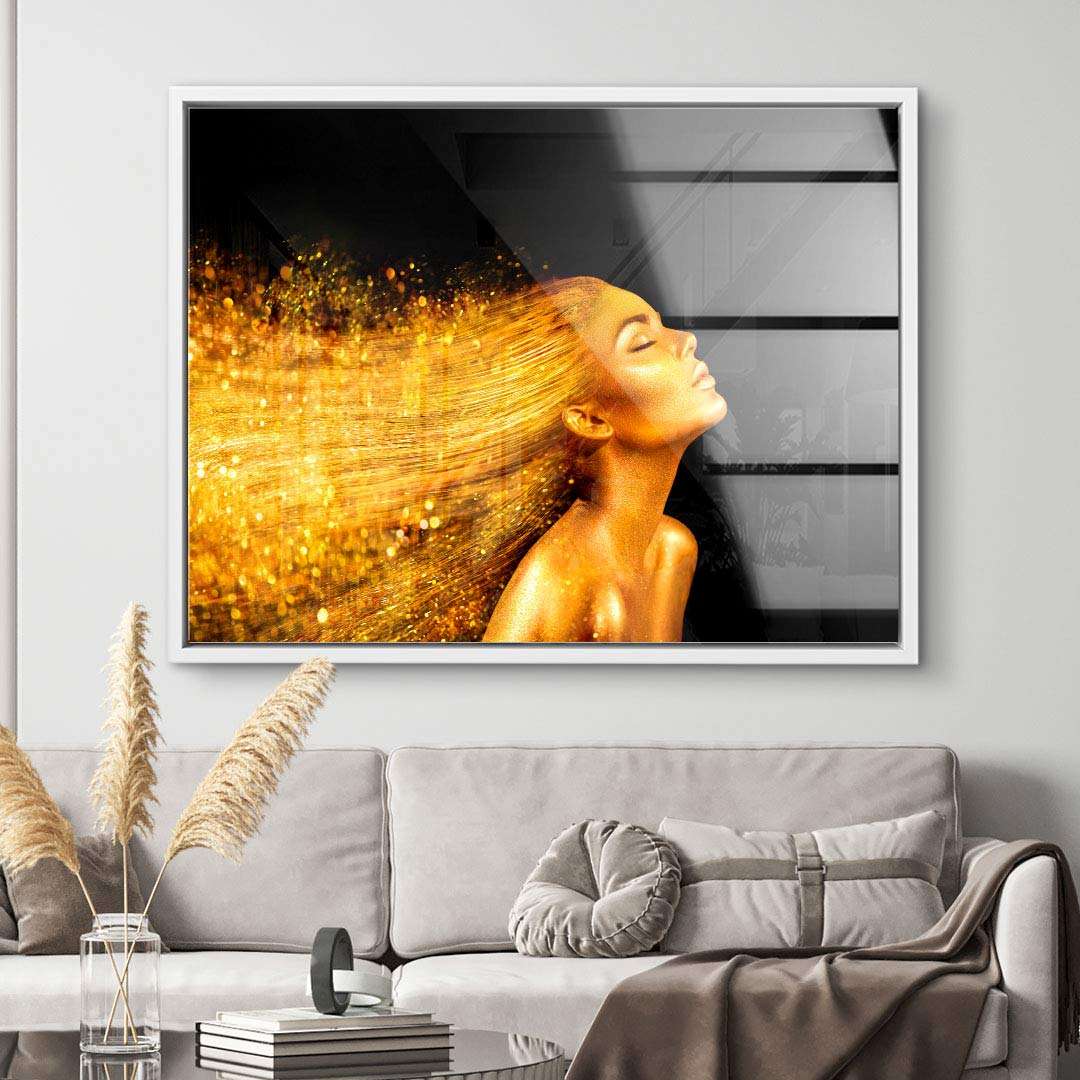 Modernes Wandbild mit Frau, goldenen Farbeffekten, Wohnzimmer, abstrakte Kunst auf Leinwand