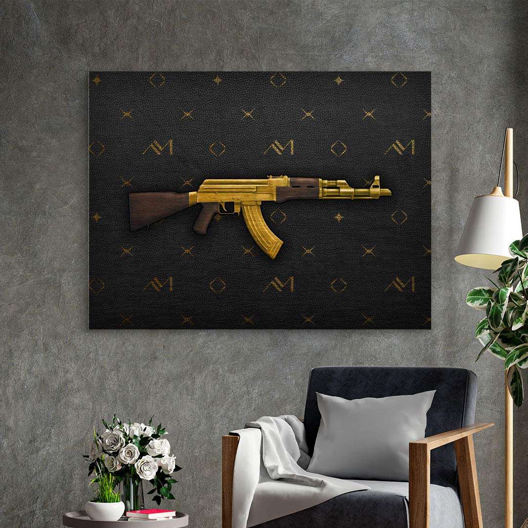 Modernes Wandbild mit goldener Waffe auf schwarzem Muster, dekorativ im Wohnzimmer