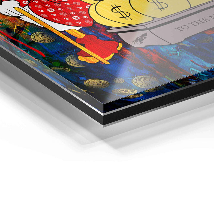 Detailansicht Acrylglasbild mit buntem Pop Art Motiv, Geldmünzen und Comic-Elementen
