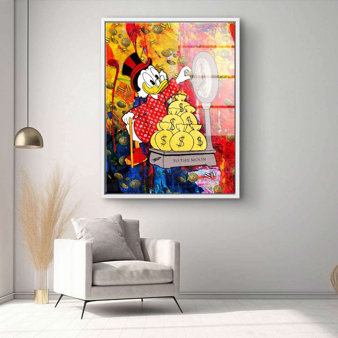 Pop Art Wandbild mit Comic-Ente, Geldsäcken und buntem Hintergrund im modernen Wohnzimmer