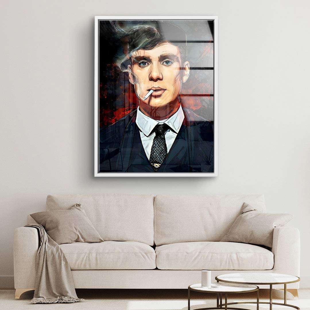 Modernes Wandbild im Wohnzimmer mit Porträt eines Mannes im Anzug und Zigarette, Kunst Leinwand