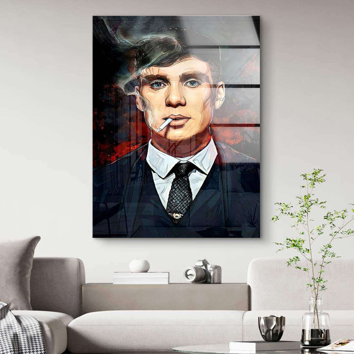 Modernes Wandbild Pop Art mit Mann im Anzug und Zigarette, stilvoll im Wohnzimmer dekoriert