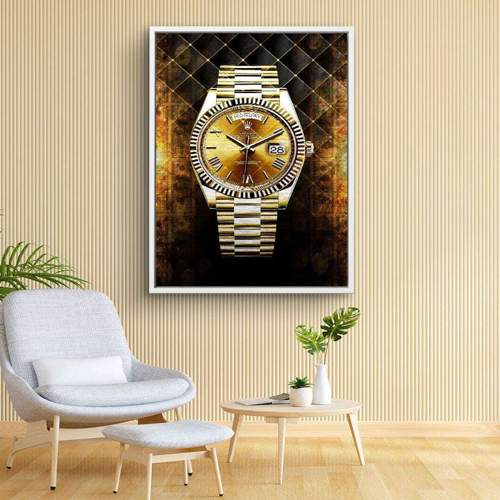 Modernes Wandbild mit goldener Armbanduhr als Motiv, stilvoll im Wohnzimmer dekoriert