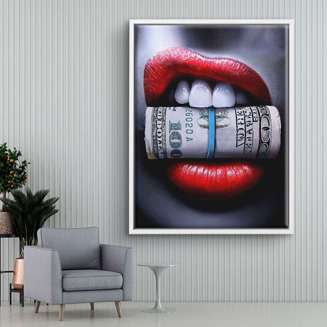 Modernes Wandbild mit roten Lippen, die gerollte 100-Dollar-Scheine halten, Pop Art