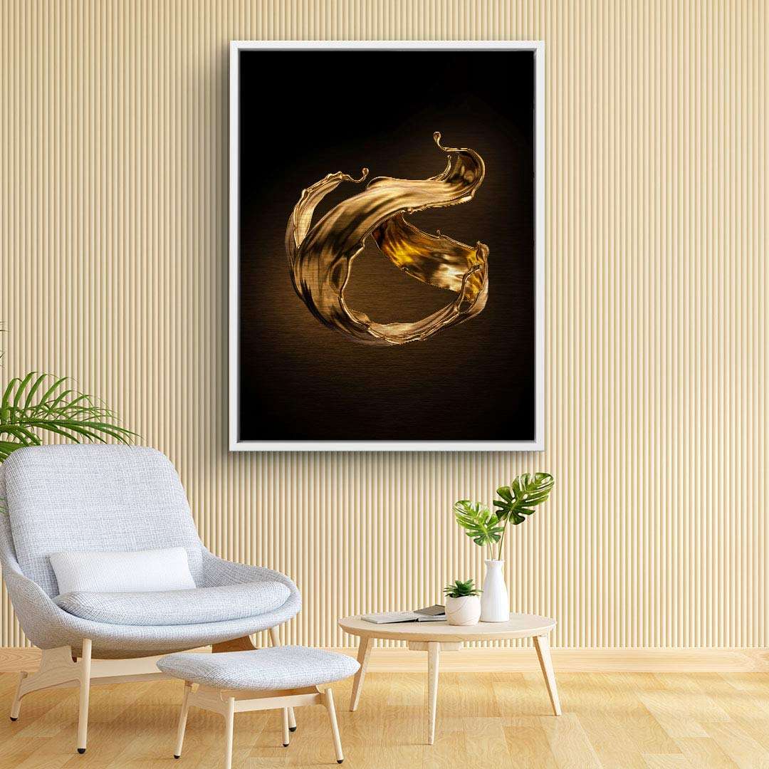 Modernes Wohnzimmer mit abstraktem goldfarbenem Wandbild, stilvolle Einrichtung, Kunstbild