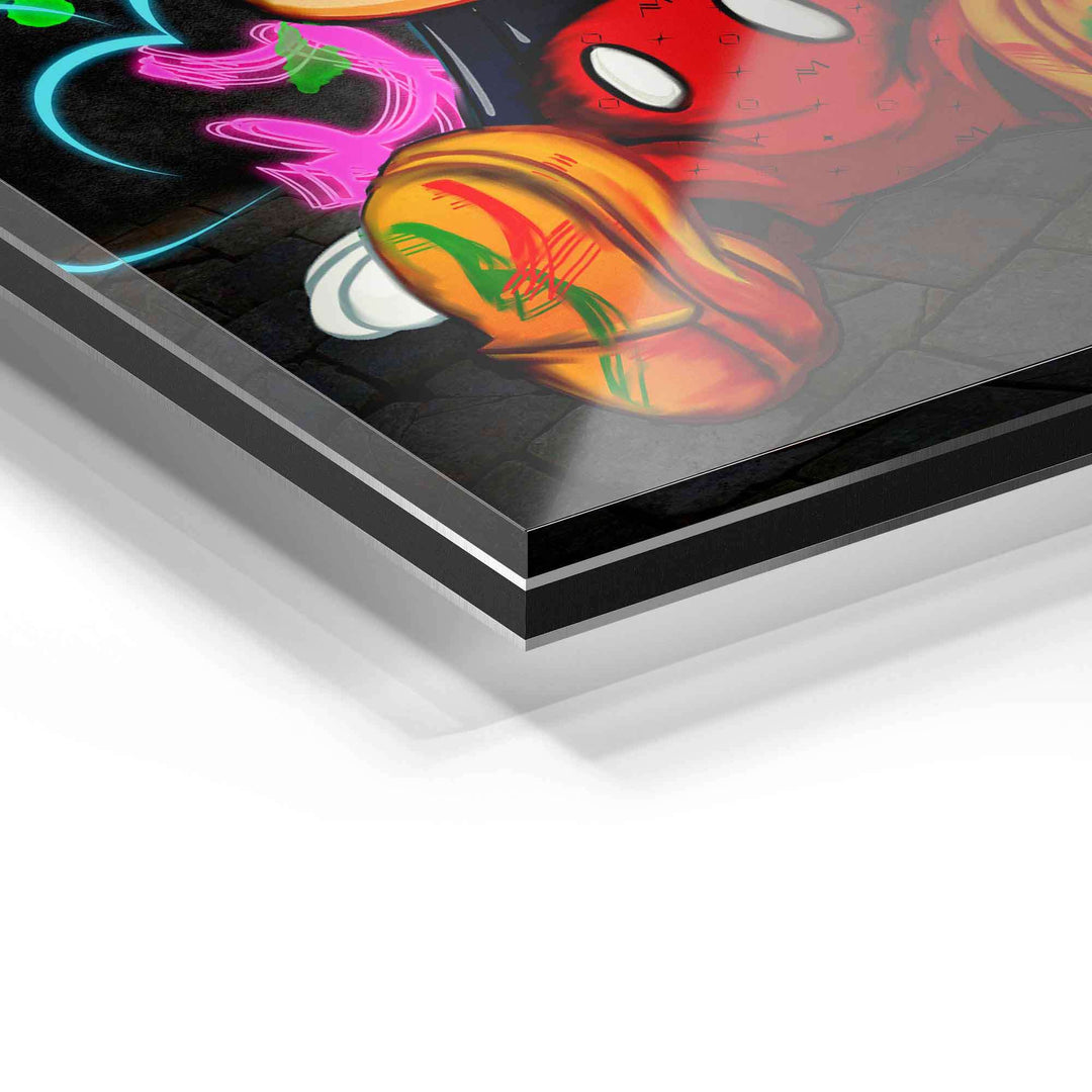 Detailaufnahme Acrylglas-Wandbild mit bunter Pop Art Illustration auf schwarzem Hintergrund