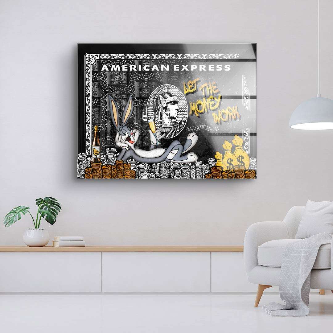 Pop Art Wandbild mit Cartoonfigur, Geldscheinen, Münzen und Graffiti-Titel an moderner Wand