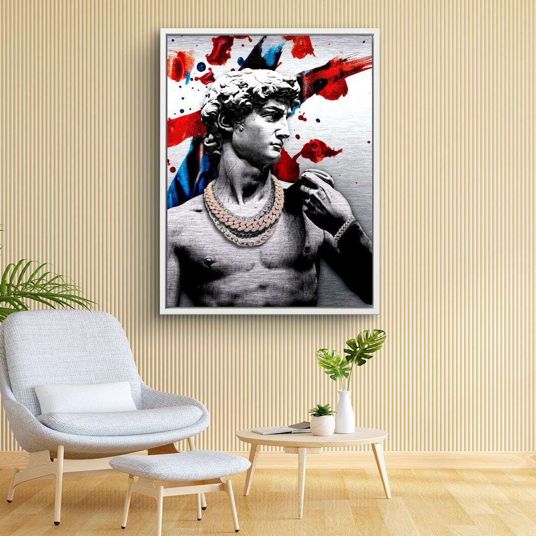 Moderne Wandbild mit David-Statue, bunter Graffiti-Hintergrund und goldener Kette im Wohnzimmer