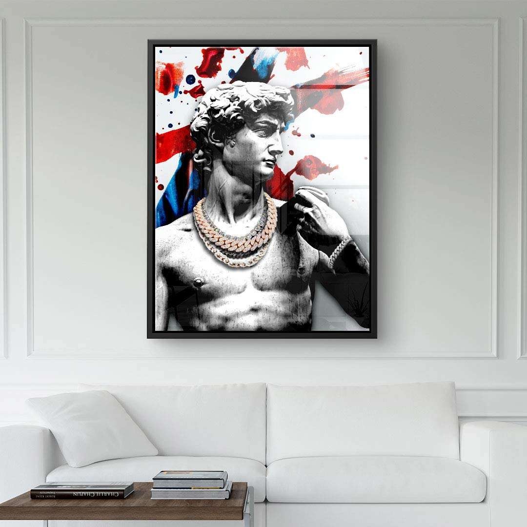 Modernes Wandbild mit antiker Statue, goldener Kette und abstraktem Farbhintergrund, Wohnzimmer