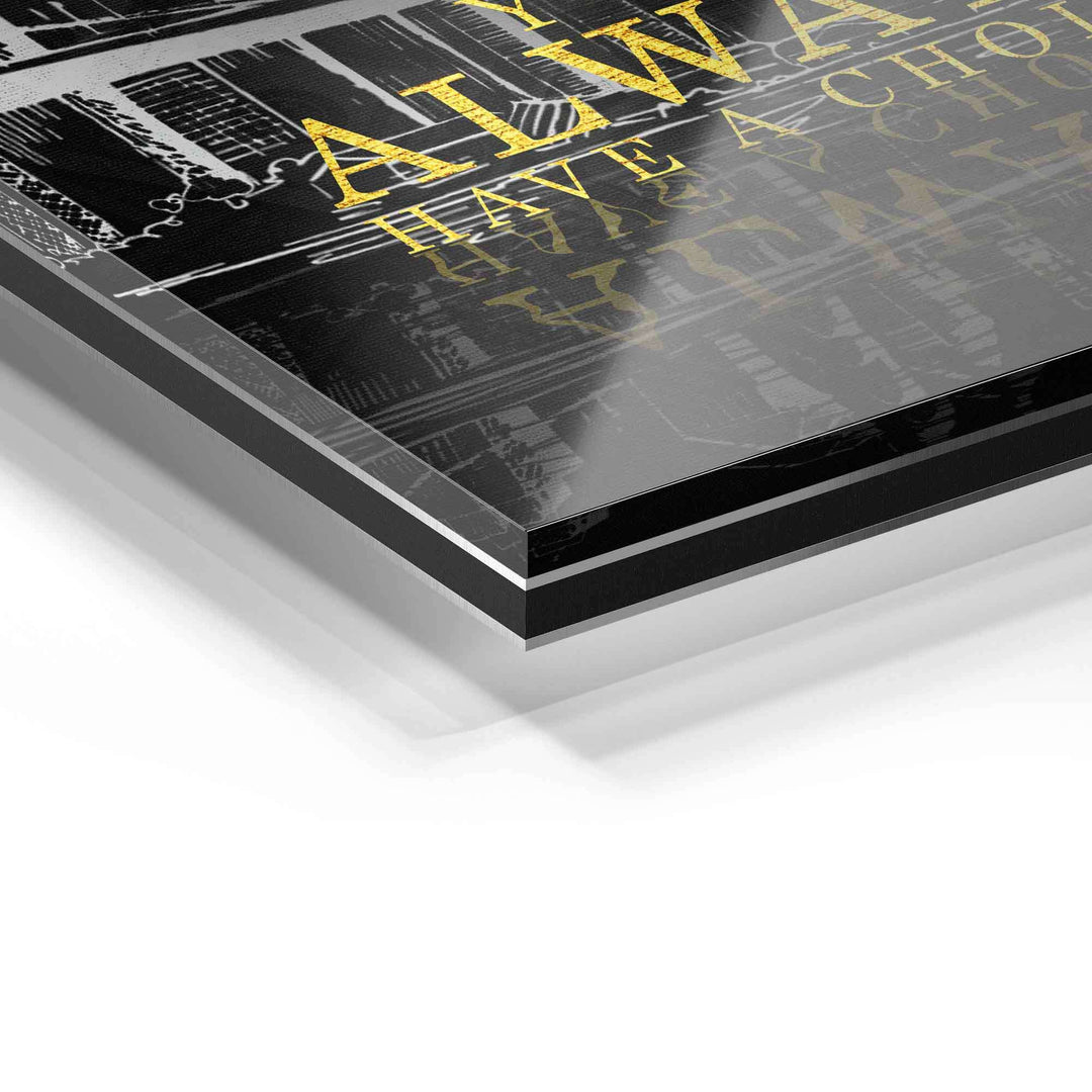 Detailansicht eines modernen Wandbilds auf Acrylglas mit goldener Motivationsschrift