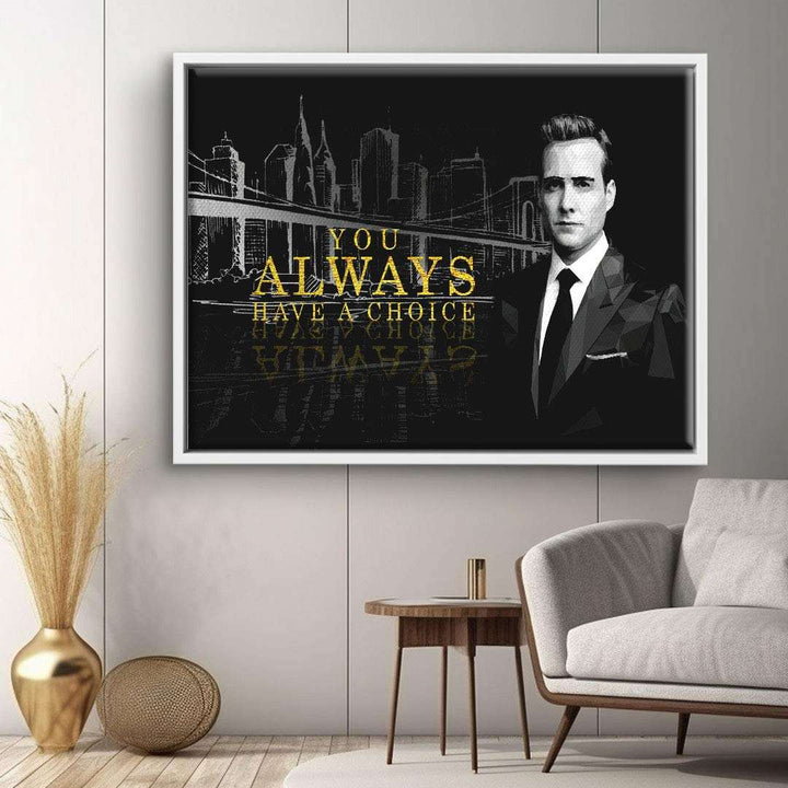 Modernes Wandbild mit Skyline, Motivationsspruch und Mann im Anzug in Wohnzimmer