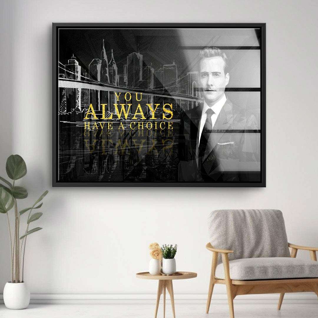 Modernes Leinwandbild mit Skyline, Mann im Anzug und Motivationsspruch in Schwarz-Gold