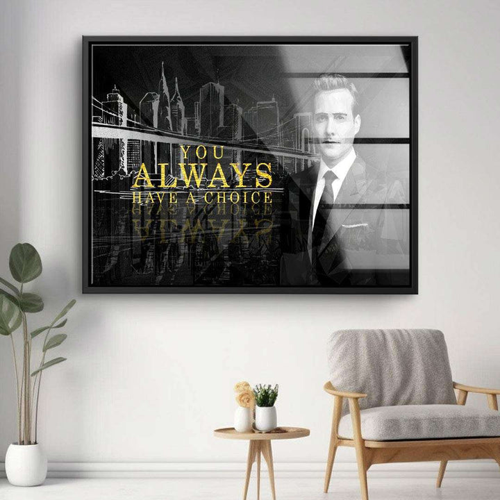 Modernes Leinwandbild mit Skyline, Mann im Anzug und Motivationsspruch in Schwarz-Gold