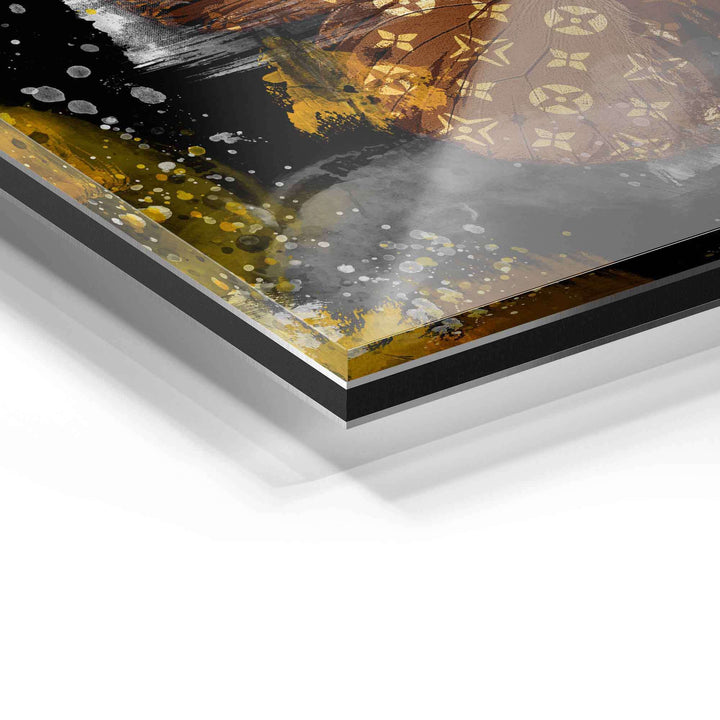 Detailaufnahme Acrylglas Wandbild, abstraktes Motiv mit goldenen und schwarzen Farbeffekten
