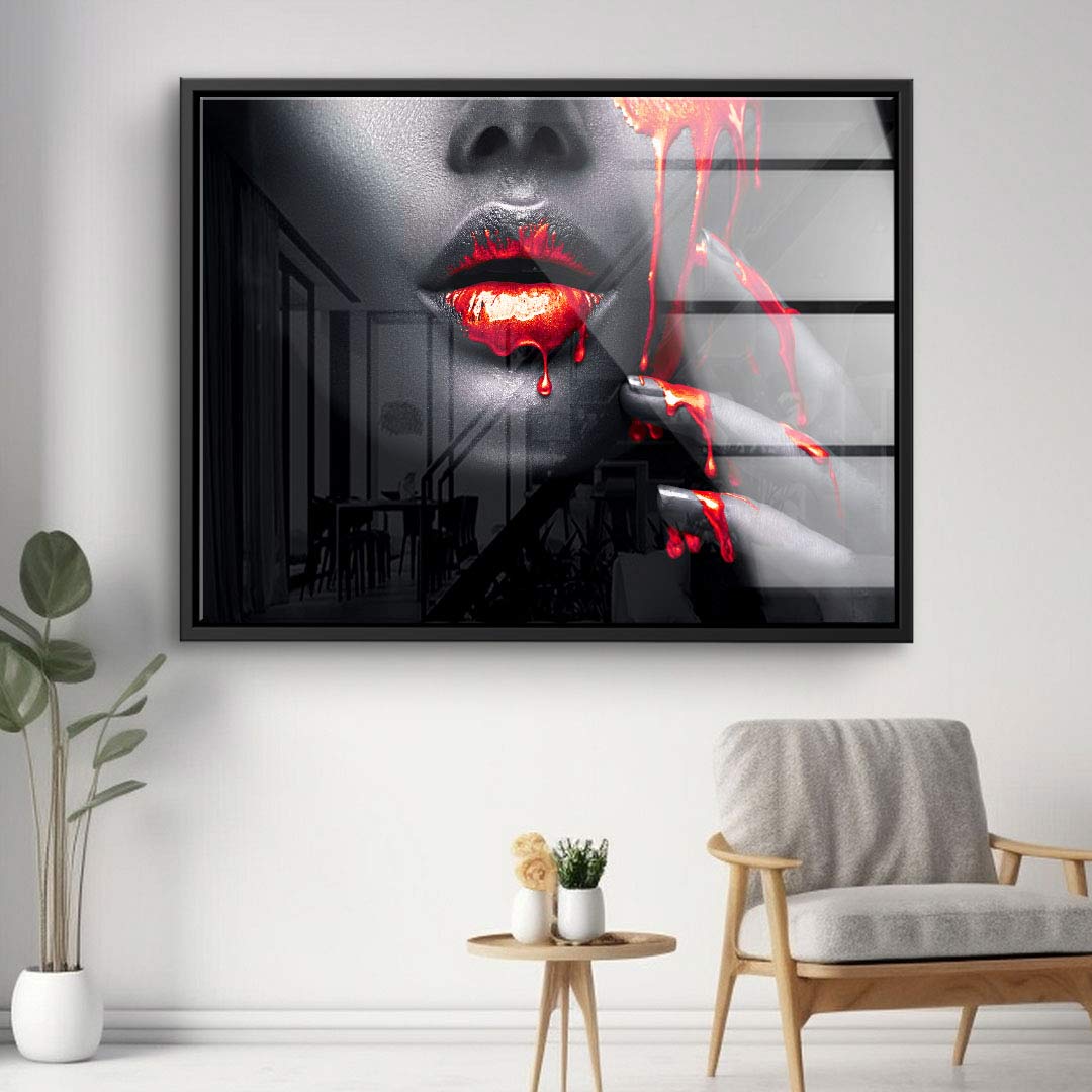 Modernes Wandbild mit schwarz-weißer Frauengesicht, rote Lippen und Fingern mit Farbtropfen, Wohnzimmer-Dekor