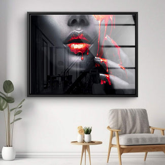 Modernes Wandbild mit schwarz-weißer Frauengesicht, rote Lippen und Fingern mit Farbtropfen, Wohnzimmer-Dekor