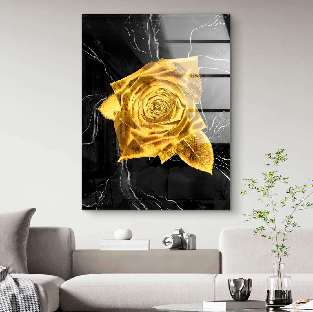 Modernes Wandbild mit goldener Rose auf schwarzem Hintergrund, Wohnzimmer Dekoration